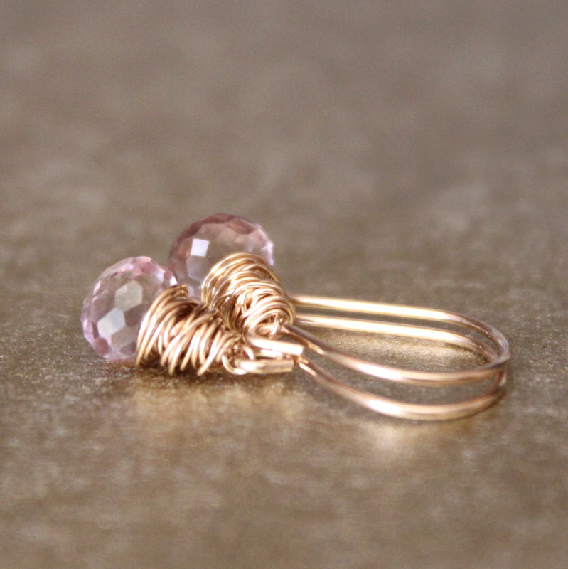Pink Quartz Yellow Gold Earrings Wirewrapped Bridesmaid Feminine