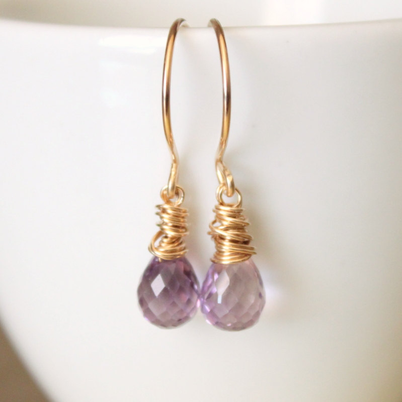 Lavender Amethyst Yellow Gold Earrings Wirewrapped Bridesmaid Feminine