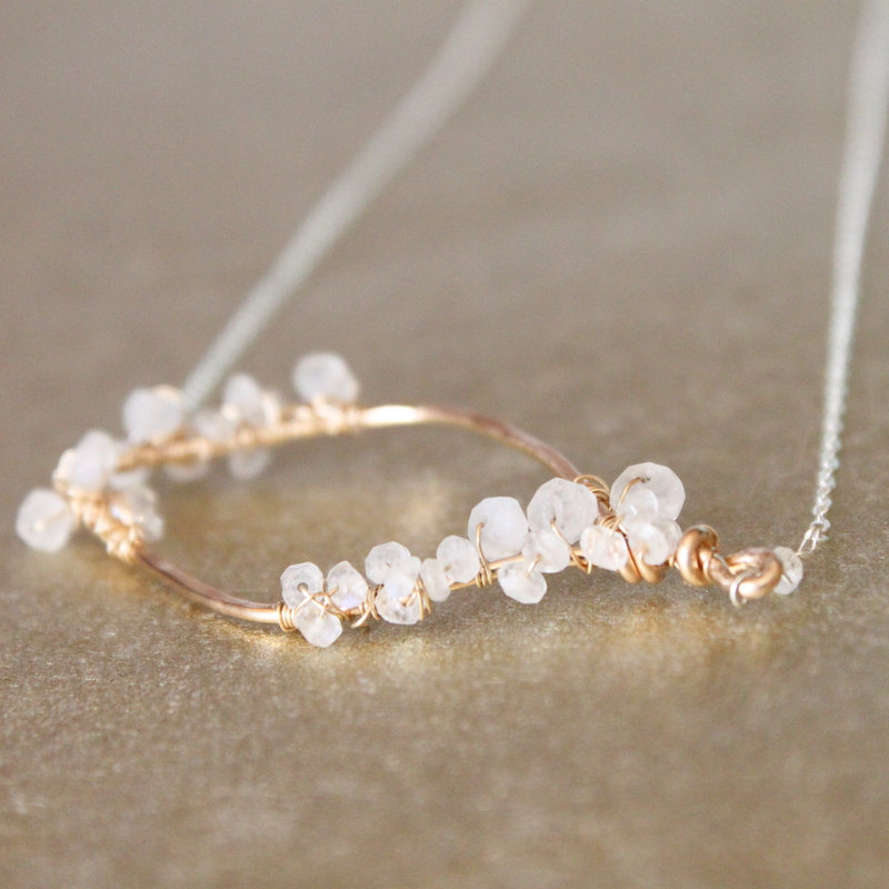 FELICITY NECKLACE--Hammered Gold Fill Leaf Frame and Rainbow Moonstone Necklace