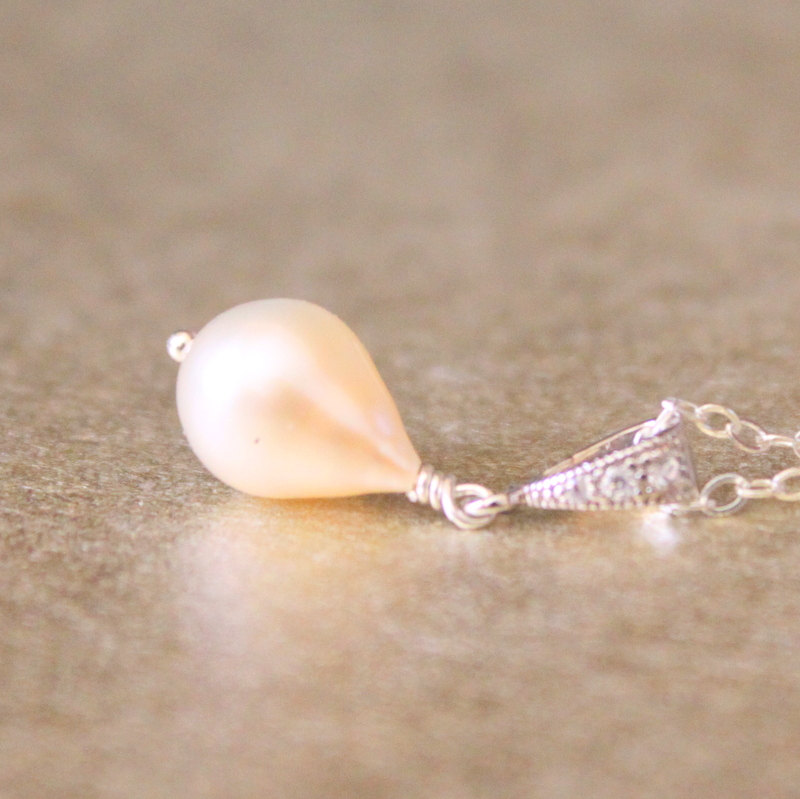 Pink Pearl Rhinestone Necklace Sterling Silver Wirewrapped Freshwater Cultured Bridesmaid Bridal June Birthstone Gift