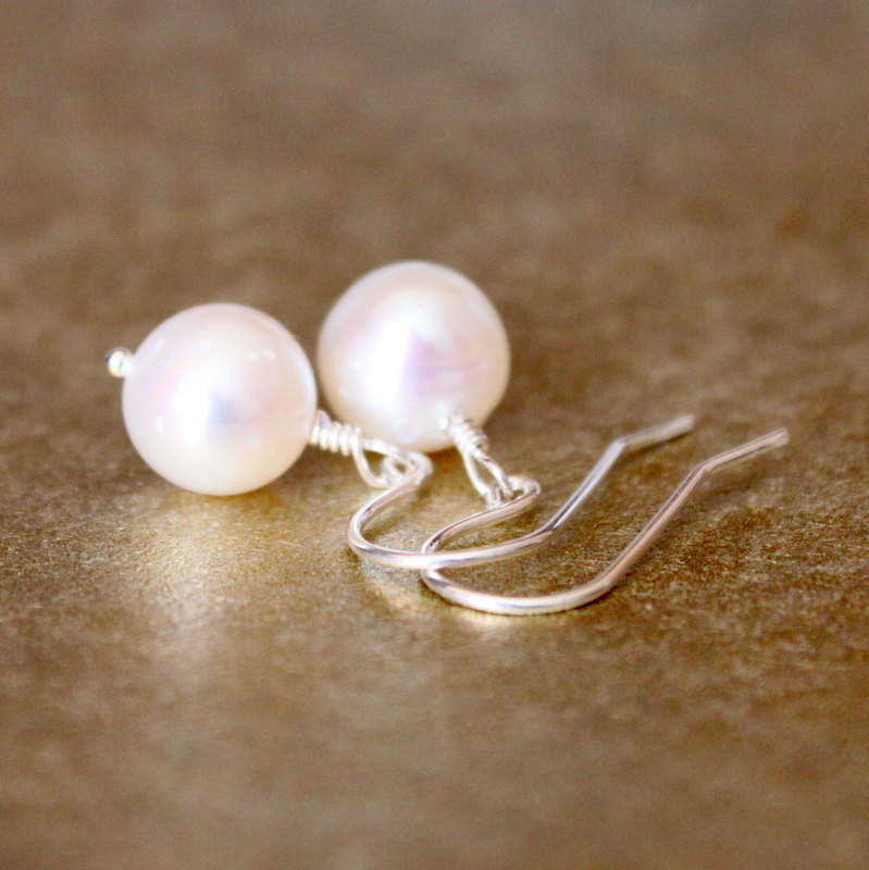 White Round Cultured Pearl Earrings Sterling Silver Wirewrapped