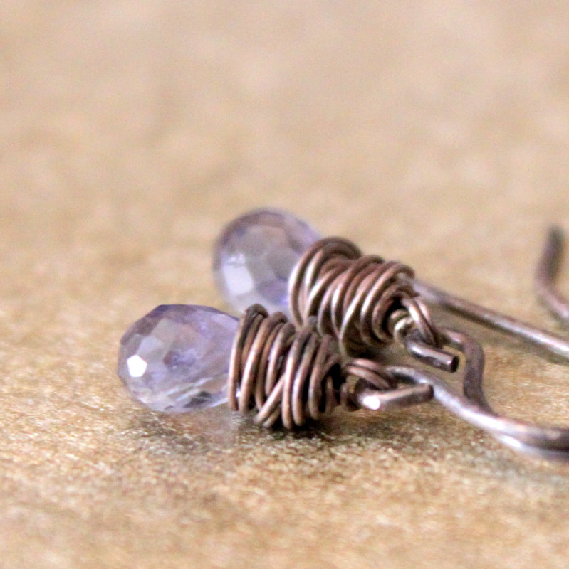 Indigo Violet Iolite Earrings Antique Patina Sterling Silver Wirewrapped