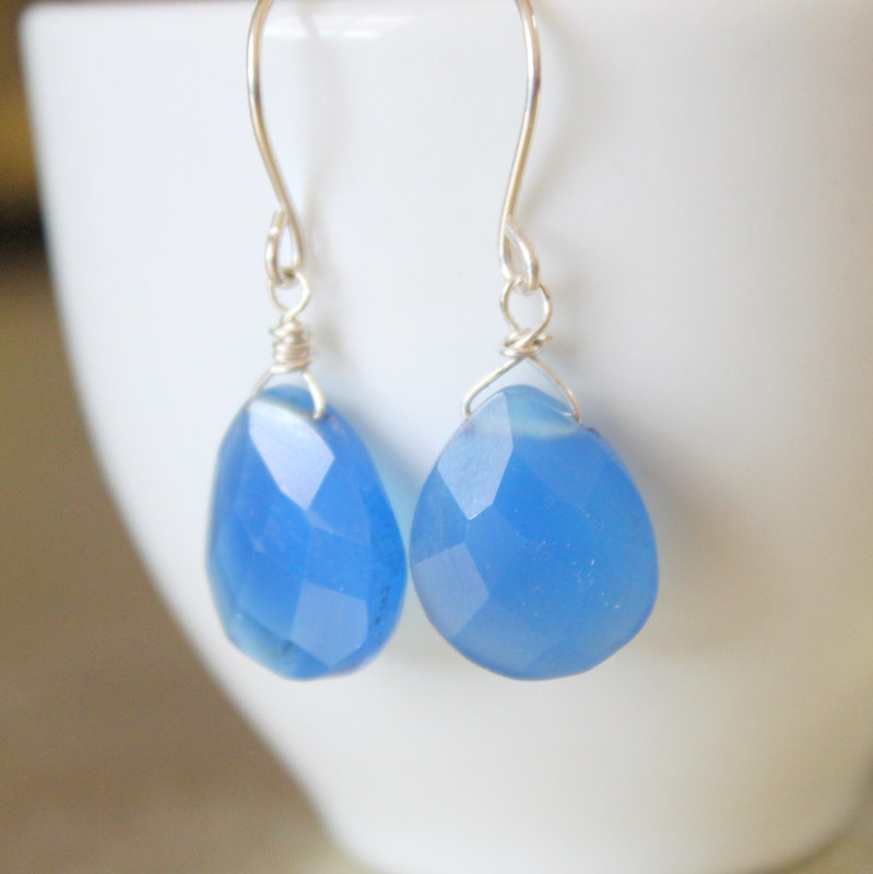 Ocean Blue Chalcedony Teardrop Briolette Sterling Silver Earrings
