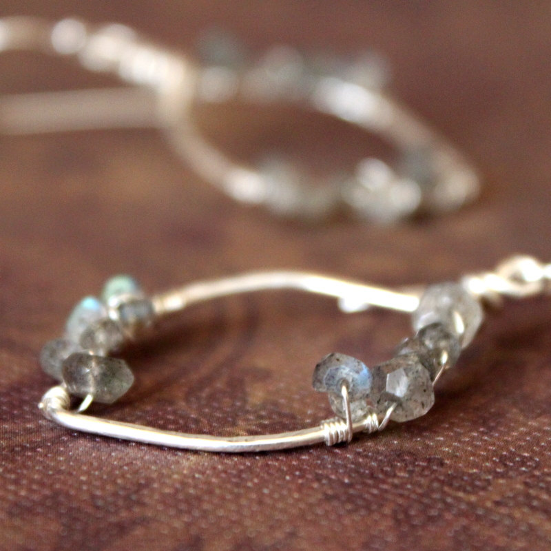 JULIE--Hammered Sterling Silver Leaf Hoop and Labradorite Earrings