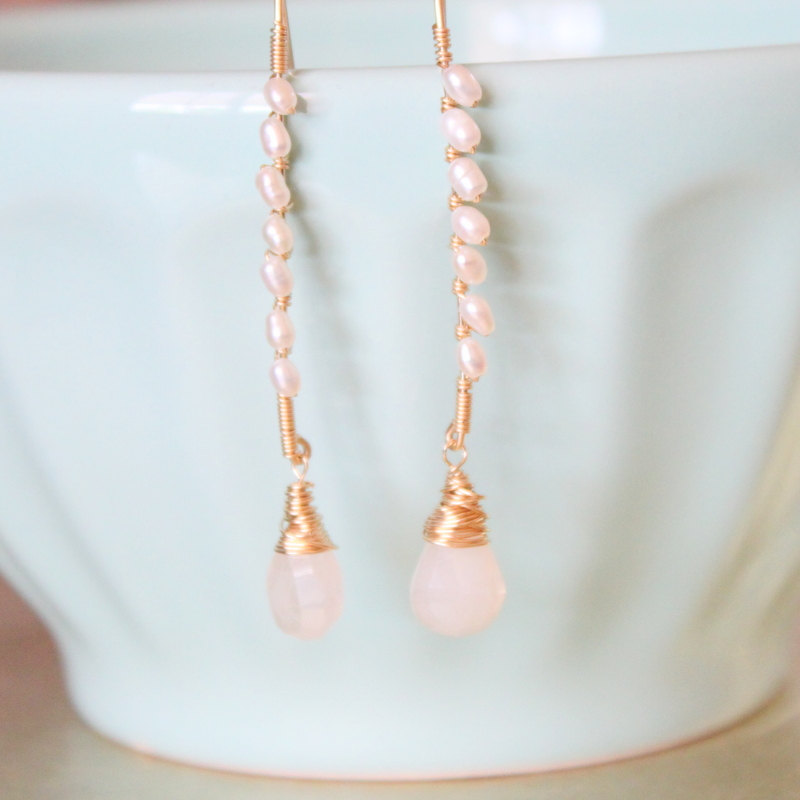 White Seed Pearls and Pearlescent Chalcedony Gold Earrings