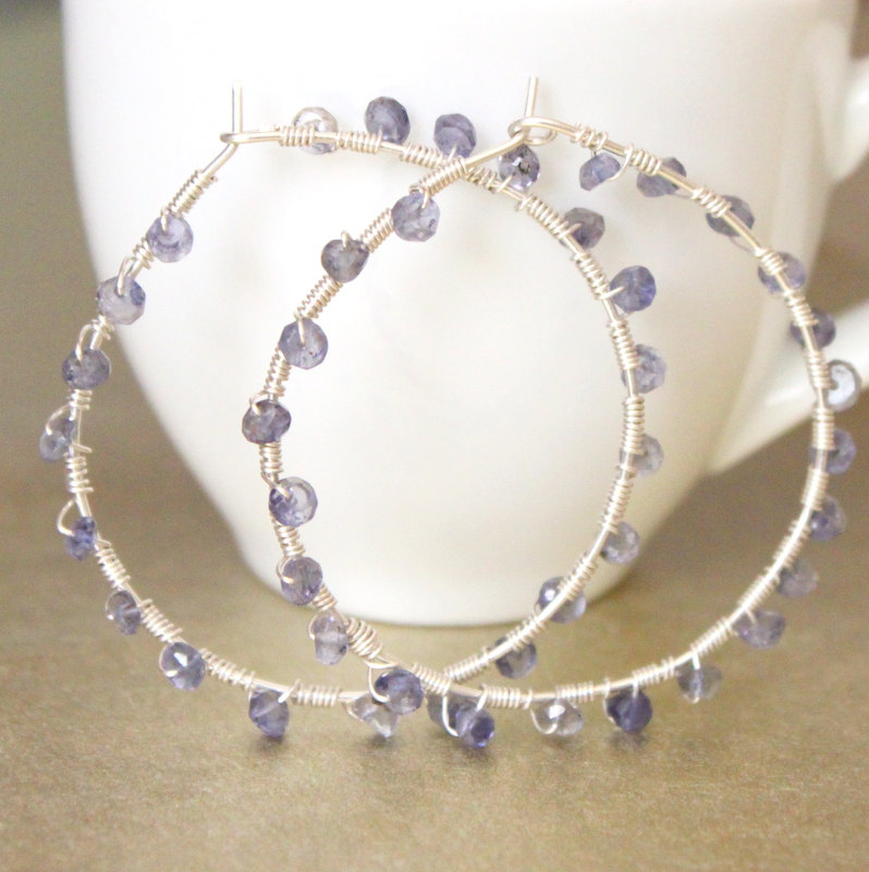DENIM--Iolite Encrusted Sterling Silver Hoop Earrings