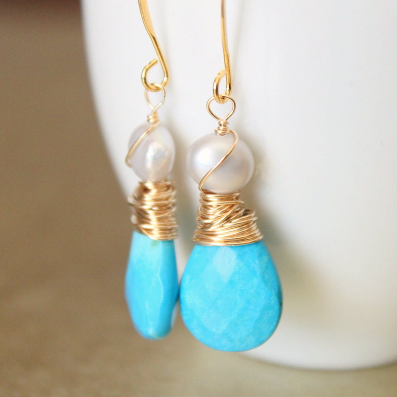 Sleeping Beauty Turquoise Earrings Wirewrapped Gold Fill Wire