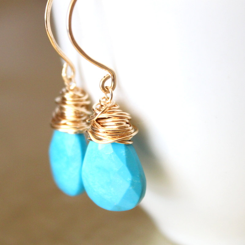 Sleeping Beauty Turquoise Earrings Wirewrapped Gold Fill Wire Handmade Earwires