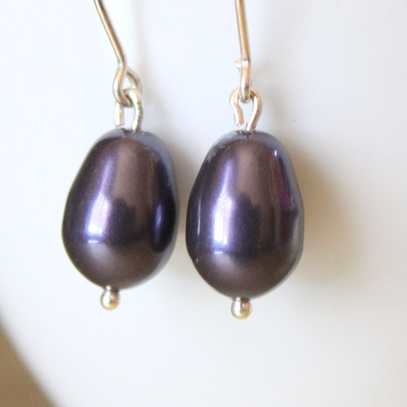 Black Swarovski Pearl Sterling Silver Earrings June Birthstone Birthday Gift