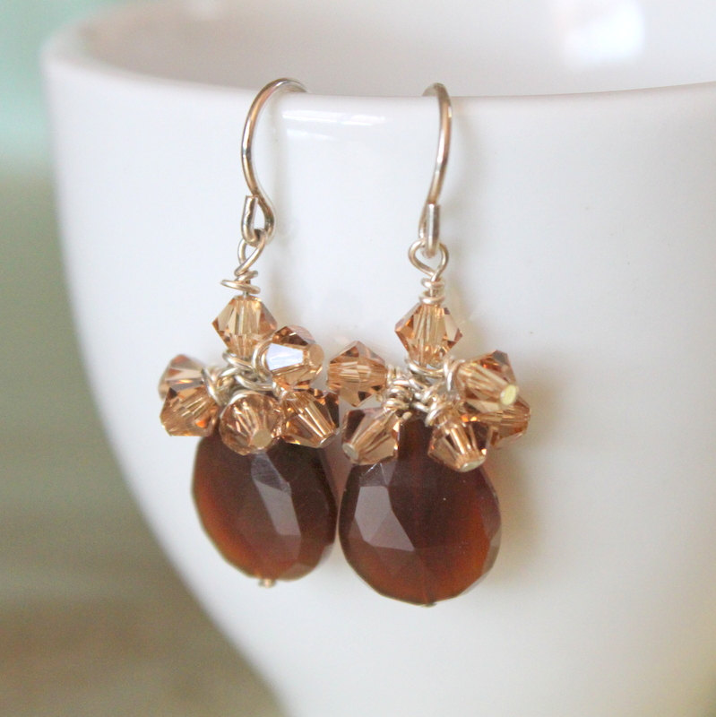 Brown Carnelian and Golden Swarovski Crystal Sterling Silver Earrings