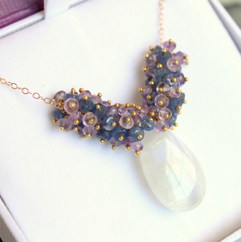 LILAC TREE--Amethyst and Sapphire Rondelles with Rainbow Moonstone Gold Fill Necklace