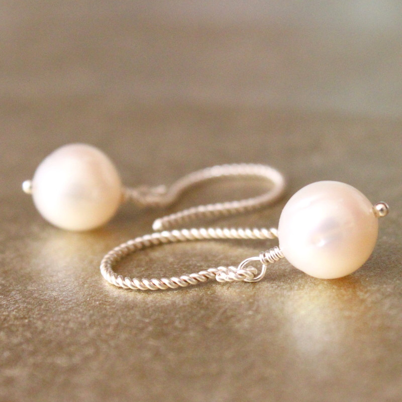 Round Pearl and Sterling Rope Earwire Earrings