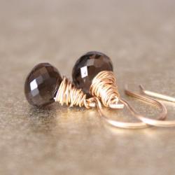 Smoky Quartz Yellow Gold Earrings Wirewrapped Bridesmaid Feminine