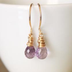 Lavender Amethyst Yellow Gold Earrings Wirewrapped Bridesmaid Feminine