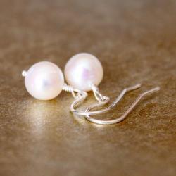 White Round Cultured Pearl Earrings Sterling Silver Wirewrapped
