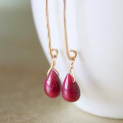 Polished Smooth Ruby Teardrop Long Gold Earrings