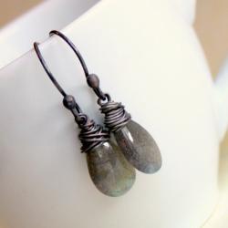 SALE--PEBBLE NUIT--Gray Labradorite and Oxidized Sterling Silver Teardrop Earrings 