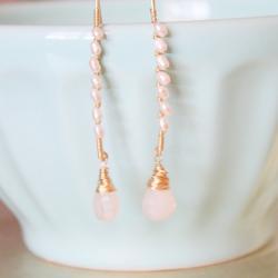 White Seed Pearls and Pearlescent Chalcedony Gold Earrings