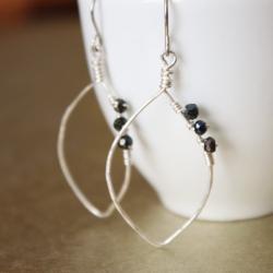 Mystic Blue Spinel Hammered Sterling Silver Leaf Hoop Earrings