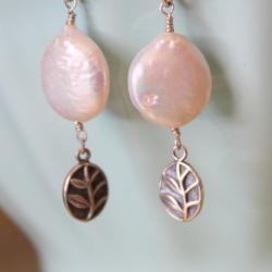 White Coin Pearl Sterling Silver Leaf Charm Dangle Earrings June Birthstone Gift
