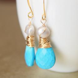 Sleeping Beauty Turquoise Earrings Wirewrapped Gold Fill Wire