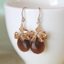 Brown Carnelian and Golden Swarovski Crystal Sterling Silver Earrings