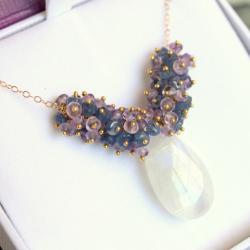 LILAC TREE--Amethyst and Sapphire Rondelles with Rainbow Moonstone Gold Fill Necklace