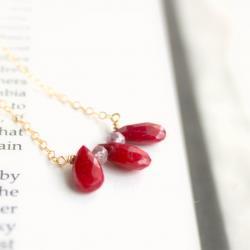 SALE-ROUGE--Striking Faceted Red Ruby Briolette Trio and Gold Fill Necklace