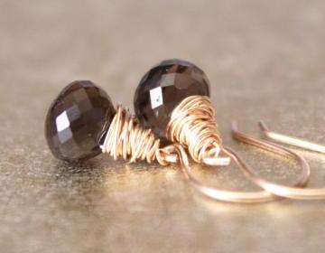 Smoky Quartz Yellow Gold Earrings Wirewrapped Bridesmaid Feminine