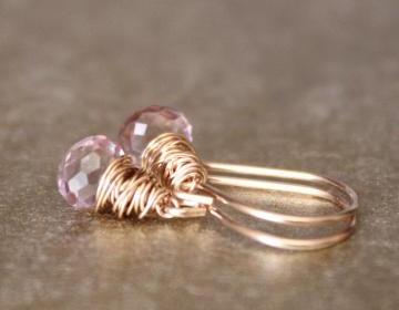Pink Quartz Yellow Gold Earrings Wirewrapped Bridesmaid Feminine