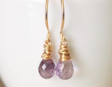 Lavender Amethyst Yellow Gold Earrings Wirewrapped Bridesmaid Feminine
