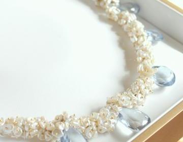 SEYMOUR--Sky Blue Topaz and Cream Keshi Pearl Gold Fill Necklace