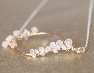FELICITY NECKLACE--Hammered Gold Fill Leaf Frame and Rainbow Moonstone Necklace